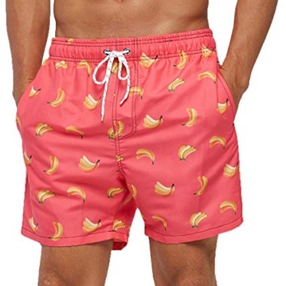 Maamgic 4.5 Inch Inseam Graphic Banana Fun SwimTrunks Shorts Pink - Picture 1 of 9